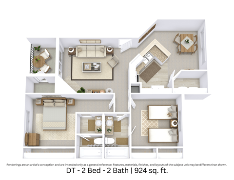 Floor plan for 2 beds, 2 baths, 924 sqft
